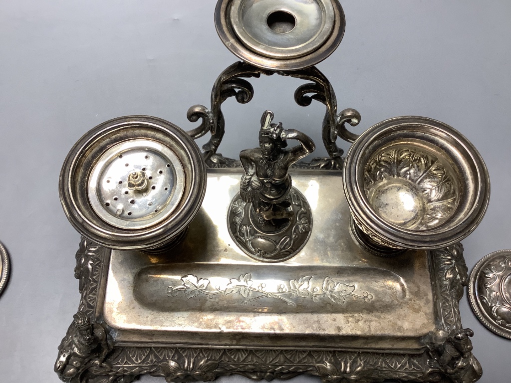 A 19th century South American? white metal inkstand, width 24cm